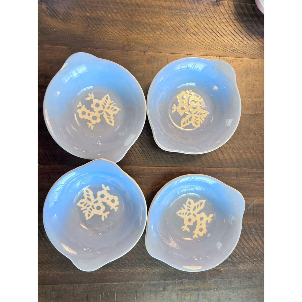 4 Harker Pottery CAMEOWARE BLUE SWIRL 7" HANDLED‎ LUG SOUP BOWLS